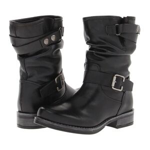 ERIC MICHAEL Sz 39 Laguna Mid Calf Black Leather Boots Moto Pull On